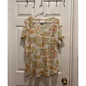 CYNTHIA‎ ROWLEY Size 1X 100% Linen Island Print Top Shirt Beachy Boho